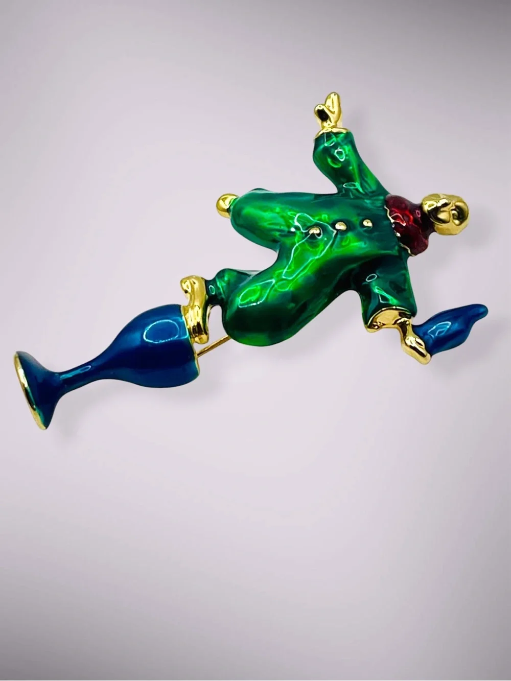 Vintage Enamel Pierrot Clown Champagne Glass Figural Brooch Pin Whimsical Retro